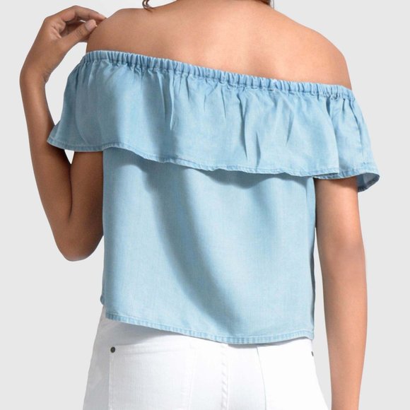 OLGYN Light Blue Denim Top off Shoulder Ruffles - Picture 2 of 5